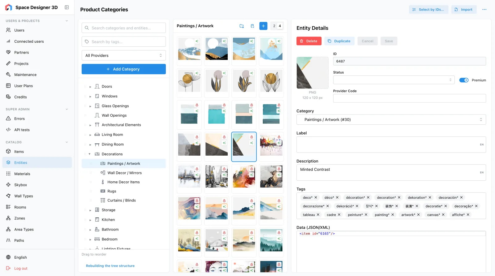 The back office catalog: the tree of product categories, the Paintings category and one artwork's details.