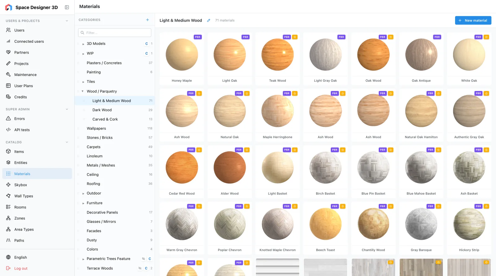 The materials of the back office: the Light and Medium Wood category, seventy-one wood materials.